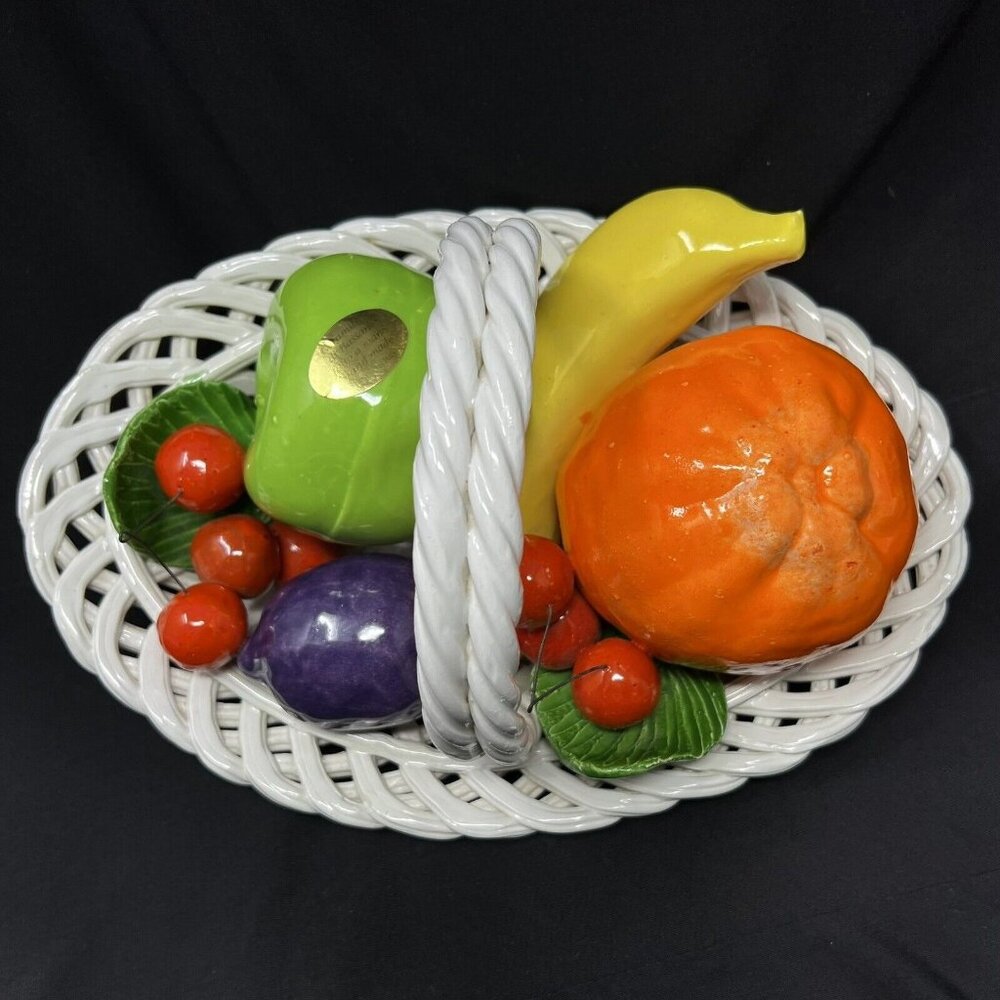 Bassano Lattice‎ Fruit Basket Capodimonte Italian Handmade Painted Ceramic Art